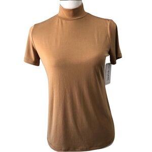 For The Republic Mock Neck Short Sleeve Tan Blouse SZ X Small Career Wear NWT
